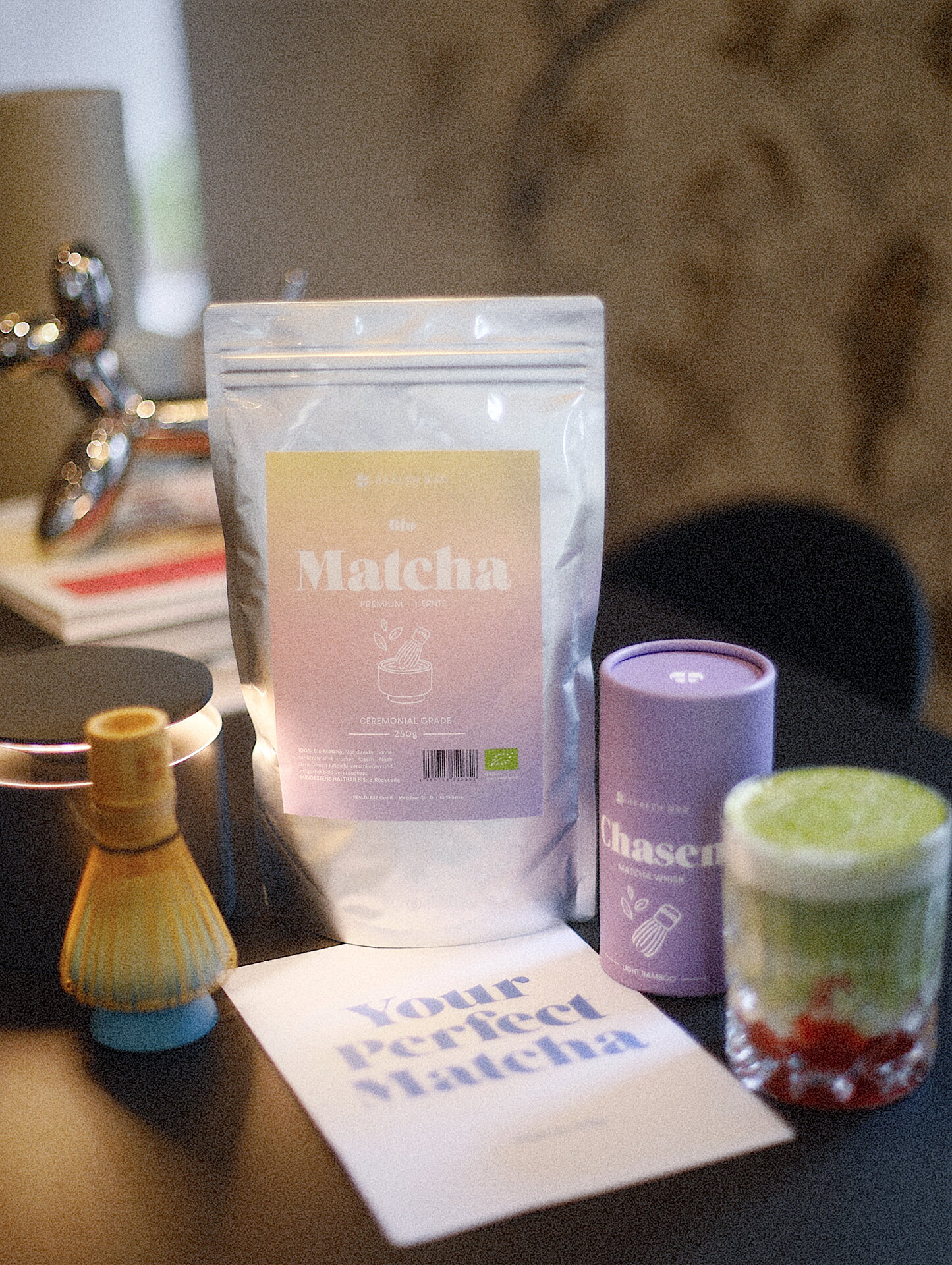 Matcha-Produkte mit Schläger